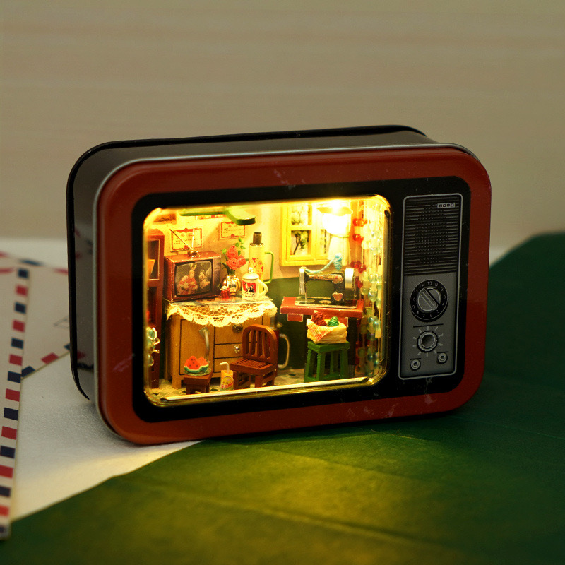 DIY Miniature Wooden Model Kit – Retro TV Candy Shop | Unique Handmade Gift for Home Display | DIY Wooden Miniature House Kit | Retro TV Box Model with LED Lights