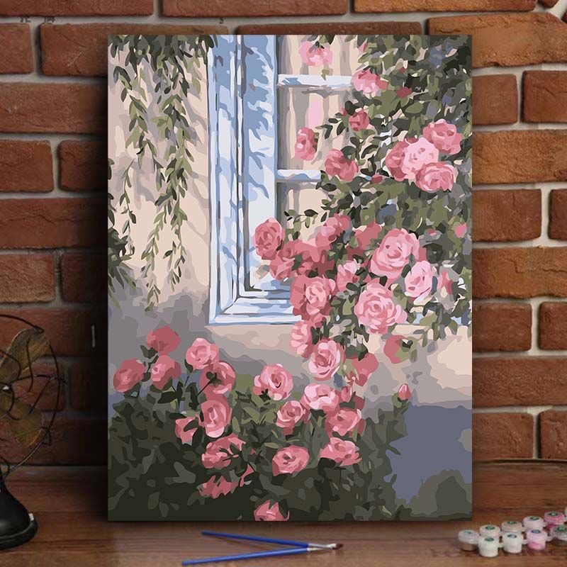 DIY Paint by Numbers Kit – Blooming Rose Window Scene | Relaxation and Creative Art Supplies for Home Décor