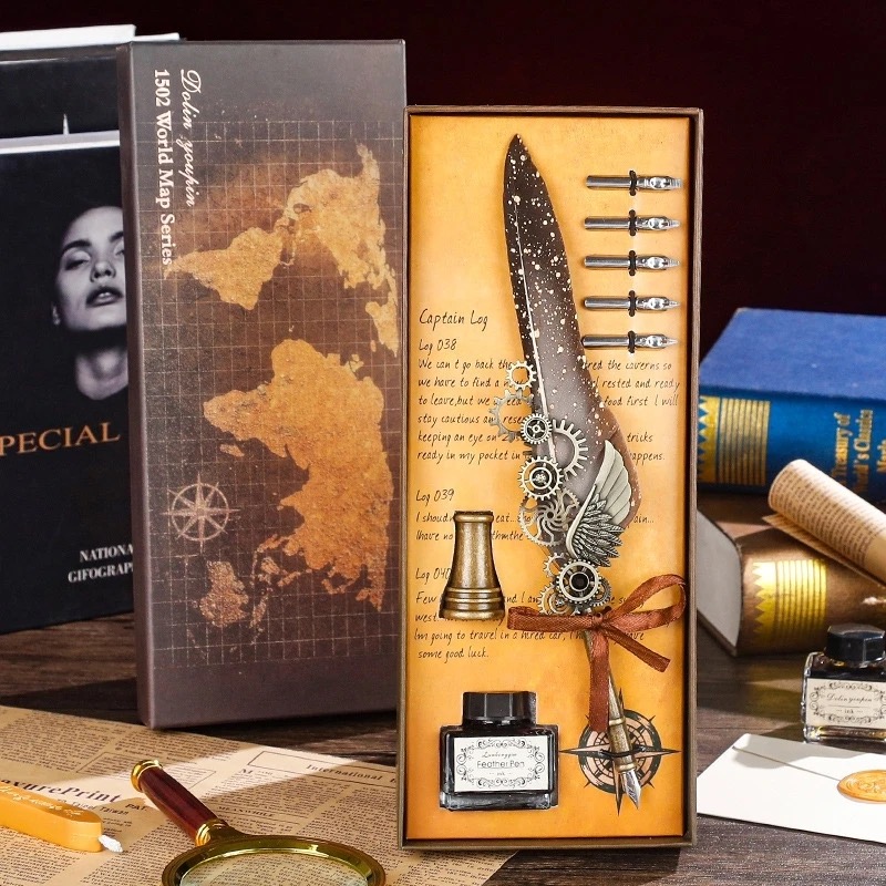 Vintage Steampunk Feather Quill Pen Set – Calligraphy Writing Kit with Ink and Gift Box for Creative Artists and Letter Writing Enthusiasts